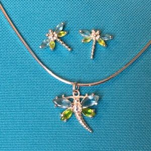 Sterling Gemstone Dragonfly Pendant & Earrings Set